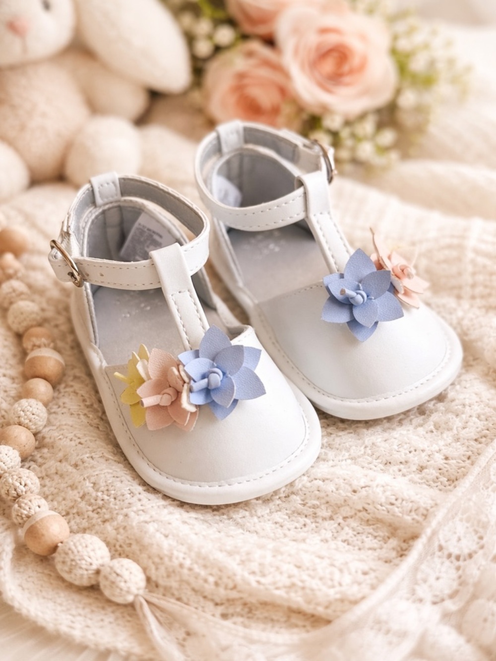 Children's White T-Strap Sandals with Pastel Flower Accents